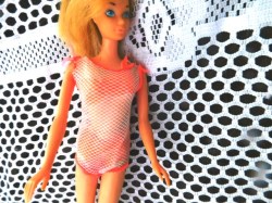 1160 1967 TNT BARBIE ORANGE VINYL BIKINI BRA, BOTTOMS, WHITE NET COVER UP 3 PIECE OUTFIT